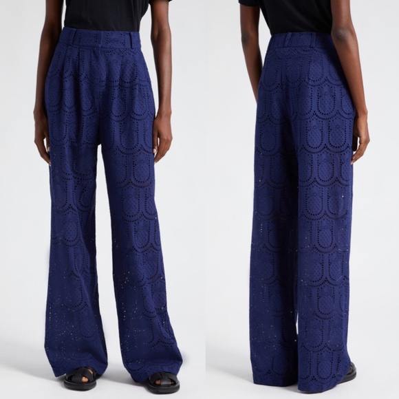 FARM Rio Pants - Farm Rio Pineapple Eyelet High Waist Wide Leg Pants Navy Blue Medium NWT